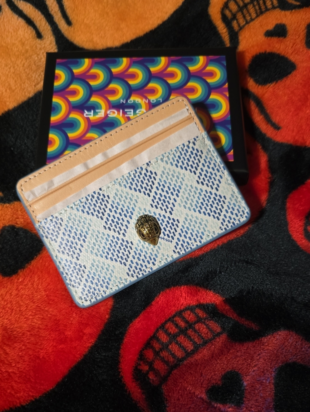 Kurt Geiger Blue Patterned Card Holder with Cream Trim